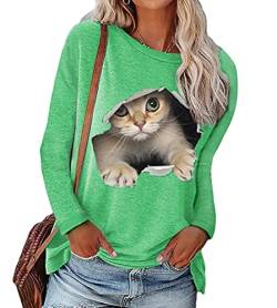 Tomwell Langarmshirt Damen Sweatshirt Katze Schmetterling Drucken Lose Langarmshirt Rundhals Langarm Shirts Herbst Winter Pulli Tops Freizeit Oberteile Hoodie 01 Grün XL von Tomwell