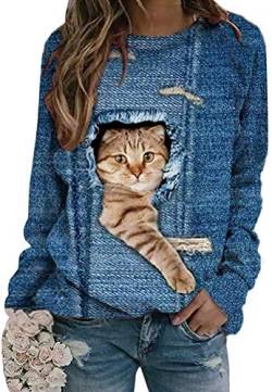 Tomwell Langarmshirt Damen Sweatshirt Winter Tshirt Langarm Top Cartoon 3D Druck Katzen-Muster Langarmshirt Weihnachten Pulli Freizeit Bluse Herbst Shirts Hemd Rundhals Pullover (L, E Blau) von Tomwell