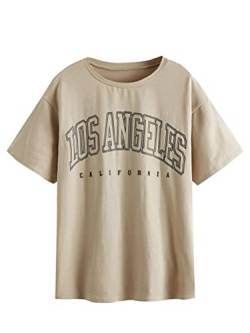 Tomwell Los Angeles T-Shirt Damen Kurzarm Sport Sommer Oberteile Oversize Tshirt Longshirt Lose Rundhals Drucken Bluse Teenager Mädchen Lang Tops Breite Schulter T-Shirt A Aprikose XS von Tomwell