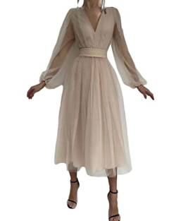 Tomwell Mode Kleid Hübsche Kleid Damen Sexy V-Ausschnitt Frauen Wickelkleid Laterne Ärmel Schlitz Kleider E Beige M von Tomwell