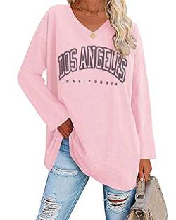 Tomwell Oversize Langarmshirt Damen Longshirt Rundhalsausschnitt Oberteil Langarm Los Angeles Brief T Shirts Pullover Basic Tunika Tee Tops Lose Bluse Sweatshirt B Rosa M von Tomwell