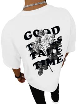 Tomwell Oversized Tshirt Herren Rundhals Kurzarm Lose Sommer Oberteile Mode T-Shirt mit Backprint Sweatshirt Vintage Drucken Streetwear Sport Casual Lang Tops A Weiß M von Tomwell