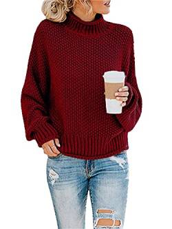 Tomwell Pullover Damen Elegant Winter Rollkragenpullover Oversize Langarm Beiläufige Grobstrickpullover Strickpullover Sweatshirts Lose Pulli Oberteile Sweater A Rot XL von Tomwell