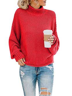 Tomwell Pullover Damen Elegant Winter Rollkragenpullover Strickpullover Grobstrickpullover Langärmeligem übergroßen Sweater Sweatshirt Herbst Winter A Rot XS von Tomwell