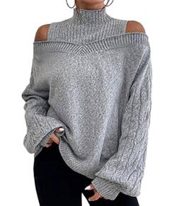 Tomwell Pullover Damen Rollkragenpullover mit Laternenärmeln Elegant Strickpullover Casual Lose Grobstrickpullover Langarm Pulli Oberteile Sweatshirt Sweater für Herbst Winter B Grau XXL von Tomwell