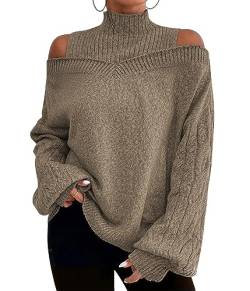 Tomwell Pullover Damen Rollkragenpullover mit Laternenärmeln Elegant Strickpullover Casual Lose Grobstrickpullover Langarm Pulli Oberteile Sweatshirt Sweater für Herbst Winter B Khaki XXL von Tomwell