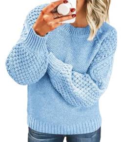 Tomwell Pullover Damen Strickpullover Elegant Feder Hohlpullover Casual V-Ausschnitt Langarm Jumper Lose Pulli Einfarbig Sweater Oberteile Tops Herbst Winter B Blau L von Tomwell