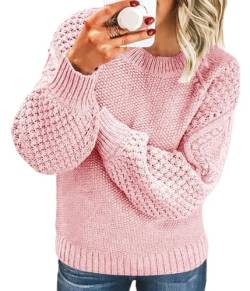 Tomwell Pullover Damen Strickpullover Elegant Feder Hohlpullover Casual V-Ausschnitt Langarm Jumper Lose Pulli Einfarbig Sweater Oberteile Tops Herbst Winter B Rosa M von Tomwell