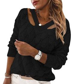 Tomwell Pullover Damen Strickpullover Elegant Feder Hohlpullover Casual V-Ausschnitt Langarm Jumper Lose Pulli Einfarbig Sweater Oberteile Tops Herbst Winter Z Schwarz L von Tomwell