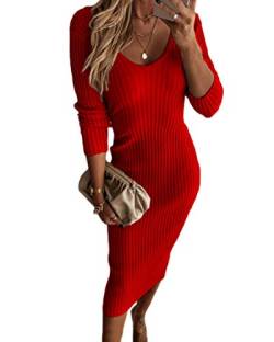 Tomwell Pulloverkleid Damen Elegant Kleider Strickkleid V-Ausschnitt Langarm Tunika Kleid Slim Minikleid A Rot 3XL von Tomwell