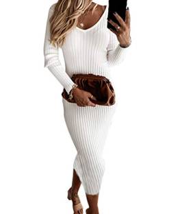 Tomwell Pulloverkleid Damen Elegant Kleider Strickkleid V-Ausschnitt Langarm Tunika Kleid Slim Minikleid A Weiß M von Tomwell
