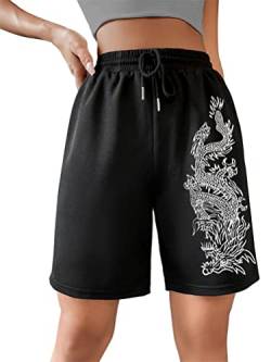 Tomwell Sommer Kurze Hose Damen High Waist Shorts mit Buchstaben Grafik Locker Sport Freizeithosen Athletic Sweatshorts Teenager Mädchen Y2K Shorts mit Taschen Gummibund B Schwarz M von Tomwell