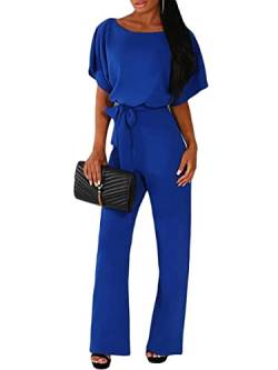 Tomwell Sommer Lang Jumpsuit Damen Elegant Kurzarm Rundhals Playsuit mit Gürtel Hosenanzug Breite Weites Bein Overall für Hochzeit Business Festlich Blau 3XL von Tomwell