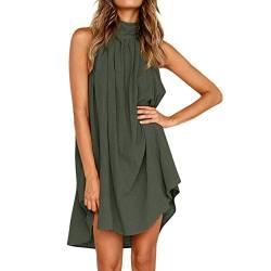 Tomwell Sommerkleid Damen Knielang Leinen Asymmetrisch Elegant Minikleid Kurz Lässig Ärmellos Sexy Neckholder Einfarbig Trägerkleid Casual Strandkleid A Dunkelgrün XL von Tomwell