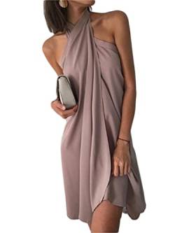 Tomwell Sommerkleid Damen Knielang Leinen Asymmetrisch Elegant Rückenfreies Minikleid Kurz Lässig Ärmellos Sexy Neckholder Einfarbig Trägerkleid Casual Strandkleid B Khaki M von Tomwell