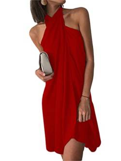 Tomwell Sommerkleid Damen Knielang Leinen Asymmetrisch Elegant Rückenfreies Minikleid Kurz Lässig Ärmellos Sexy Neckholder Einfarbig Trägerkleid Casual Strandkleid B Rot S von Tomwell