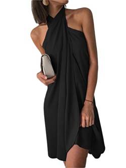 Tomwell Sommerkleid Damen Knielang Leinen Asymmetrisch Elegant Rückenfreies Minikleid Kurz Lässig Ärmellos Sexy Neckholder Einfarbig Trägerkleid Casual Strandkleid B Schwarz S von Tomwell