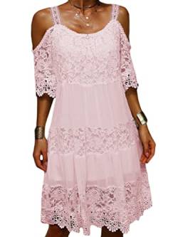 Tomwell Spitzenkleid Damen V-Ausschnitt Retro Sommer Spitzen Strandkleid Mini Kleider Boho Sommerkleid A-Linie Kleid C Rosa L von Tomwell