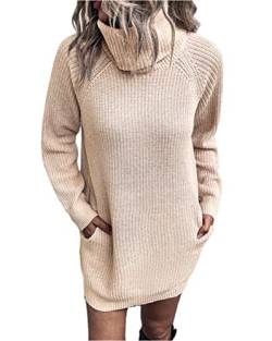 Tomwell Strickkleid Damen Rollkragen Elegant Langarm Tunika Pullikleid Lang Strickpullover Minikleid Pullover für Herbst Winter B Beige L von Tomwell