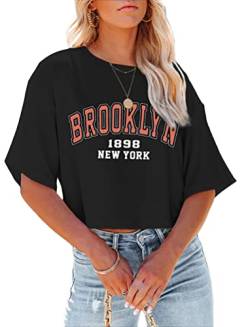 Tomwell T-Shirt Damen Crop Top Kurzarm Sportshirt Sexy Oberteil Bauchfrei Sommer Vintage Crop Tshirt mit Schmetterling Muster Lose Sweatshirt Rundhals Teenager Mädchen Bluse B Schwarz L von Tomwell