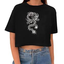 Tomwell T-Shirt Damen Crop Top Kurzarm Sportshirt Sexy Oberteil Bauchfrei Sommer Vintage Crop Tshirt mit Schmetterling Muster Lose Sweatshirt Rundhals Teenager Mädchen Bluse D Schwarz S von Tomwell