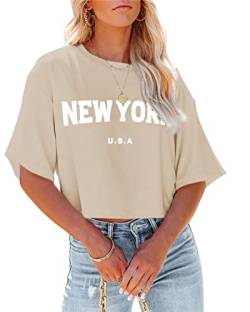 Tomwell T-Shirt Damen Crop Top Kurzarm Sportshirt Sexy Oberteil Bauchfrei Sommer Vintage Crop Tshirt mit Schmetterling Muster Lose Sweatshirt Rundhals Teenager Mädchen Bluse Z Khaki L von Tomwell