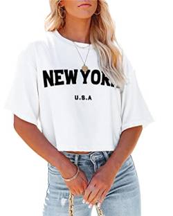 Tomwell T-Shirt Damen Crop Top Kurzarm Sportshirt Sexy Oberteil Bauchfrei Sommer Vintage Crop Tshirt mit Schmetterling Muster Lose Sweatshirt Rundhals Teenager Mädchen Bluse Z Weiß S von Tomwell