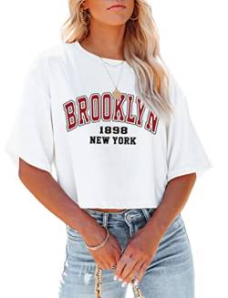 Tomwell T-Shirt Damen Crop Top Kurzarm Sportshirt Sexy Sport Oberteil Bauchfrei Sommer Vintage Crop Tshirt Grafikdruck Lose Sweatshirt Rundhals Teenager Mädchen Bluse B Weiß M von Tomwell