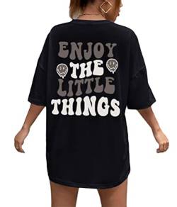 Tomwell T-Shirt Damen Kurzarm Sport Sommer Oberteile Oversize Tshirt mit Buchstaben Muster Sweatshirt Lose Rundhals Rückendruck Bluse Teenager Mädchen Tunika Lang Top C Schwarz S von Tomwell