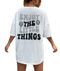 Tomwell T-Shirt Damen Kurzarm Sport Sommer Oberteile Oversize Tshirt mit Buchstaben Muster Sweatshirt Lose Rundhals Rückendruck Bluse Teenager Mädchen Tunika Lang Top C Weiß XL von Tomwell