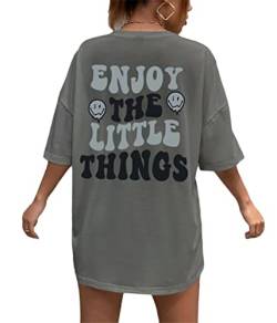 Tomwell T-Shirt Damen Kurzarm Sport Sommer Oberteile Oversize Tshirt mit Buchstaben Muster Sweatshirt Rundhals Rückendruck Bluse Teenager Mädchen Tunika Lang Top C Dunkelgrau S von Tomwell