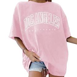 Tomwell T-Shirt Damen Oversized Mode Lose Rundhals Kurzarm Sommer Oberteile Vintage Drucken Bluse Streetwear Sport Oberteile Vintage Sweatshirt Teenager Mädchen Tunika Lang Tops Rosa XL von Tomwell