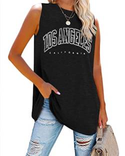 Tomwell Tank Top Damen Los Angeles Brief T-Shirt Ärmellose Sport Sommer Rundhals Oversize Oberteile Sweatshirt V-Ausschnitt Tops Lose Bluse Tunika Lang für Teen Girls A Schwarz XXL von Tomwell