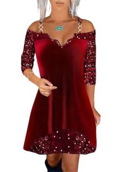 Tomwell Weihnachtskleid Damen Elegant Abendkleider Weihnachtskostüme Damen für Weihnachtsfeier Swing Plisseekleid Knielang A-Linie Cocktailkleid B Rot L von Tomwell