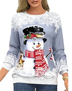 Tomwell Weihnachtspullover Damen Casual Weihnachten Sweatshirt Weihnachtspulli Druck Christmas Sweater Langarm Pulli Pullover A Grau XL von Tomwell