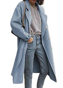 Tomwell Wollmantel Damen Lang Herbst Winter Mantel Mode Einfarbig Revers Trenchcoat Frauen Elegant Cardigan Wintermantel Langarm Warm Business Blazermantel A Blau XXL von Tomwell