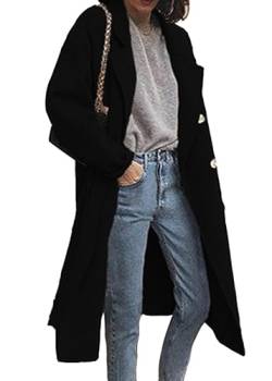 Tomwell Wollmantel Damen Lang Herbst Winter Mantel Mode Einfarbig Revers Trenchcoat Frauen Elegant Cardigan Wintermantel Langarm Warm Business Blazermantel A Schwarz XXL von Tomwell