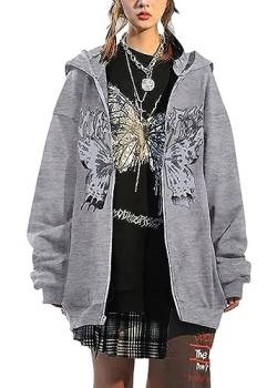 Tomwell Y2K Zip Up Hoodie Damen Oversized Sweatshirt Vintage Jacke Y2K Fashion Übergroße Schmetterlinge Pullover Aesthetic Damen 90S E-Girl Tops Goth Harajuku Sweatjacke A Hellgrau S von Tomwell