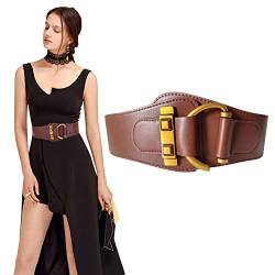 TonJin Damen Breiter Elastischer Taillengürtel Mode Vintage Hüftgürtel mit Goldener Legierungsschnalle,Kaffee Leder Stretchgürtel Kleid Gürtel für Damen von TonJin