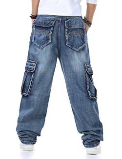 Männer Baggy Hip Hop Jeans Plus Größe 30-46 Multi Taschen Skateboard Cargo Jeans für Männer Taktische Denim Jogger Blau 30 von TongCart
