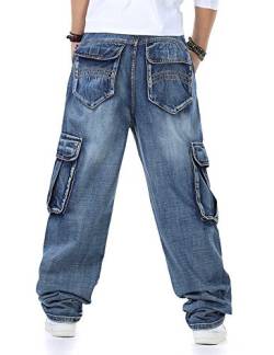 Männer Baggy Hip Hop Jeans Plus Größe 30-46 Multi Taschen Skateboard Cargo Jeans für Männer Taktische Denim Jogger Blau 32 von TongCart