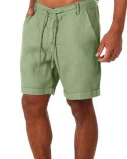Kurze Hosen Herren Leinen Bermuda Hose Casual Classic Shorts Elastische Taille Sommer Strand Leichtes Brett Slim-Fit mit Taschen Olivgrün 2XL von Tongmingyun