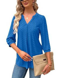 Tongmingyun Bluse Damen Elegant V-Ausschnitt 3/4 Ärmel Oberteile Lässige Tunika Shirt Casual Tshirt Solide Tops für Sommer Blau XL von Tongmingyun
