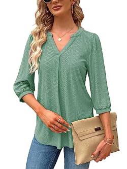 Tongmingyun Bluse Damen Elegant V-Ausschnitt 3/4 Ärmel Oberteile Lässige Tunika Shirt Casual Tshirt Solide Tops für Sommer Hellgrün L von Tongmingyun