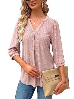 Tongmingyun Bluse Damen Elegant V-Ausschnitt 3/4 Ärmel Oberteile Lässige Tunika Shirt Casual Tshirt Solide Tops für Sommer Rosa L von Tongmingyun