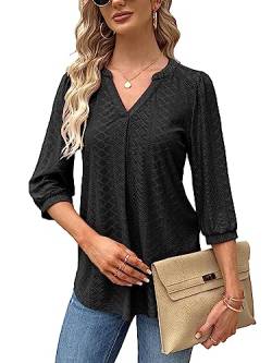 Tongmingyun Bluse Damen Elegant V-Ausschnitt 3/4 Ärmel Oberteile Lässige Tunika Shirt Casual Tshirt Solide Tops für Sommer Schwarz M von Tongmingyun