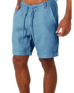 Tongmingyun Kurze Hosen Herren Leinen Bermuda Hose Casual Classic Shorts Elastische Taille Sommer Strand Leichtes Brett Slim-Fit mit Taschen Blau L von Tongmingyun