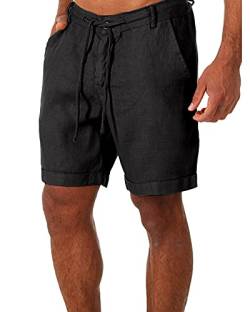 Tongmingyun Kurze Hosen Herren Leinen Bermuda Hose Casual Classic Shorts Elastische Taille Sommer Strand Leichtes Brett Slim-Fit mit Taschen Schwarz M von Tongmingyun