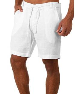 Tongmingyun Kurze Hosen Herren Leinen Bermuda Hose Casual Classic Shorts Elastische Taille Sommer Strand Leichtes Brett Slim-Fit mit Taschen Weiß L von Tongmingyun