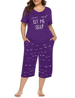 Tongmingyun Plus Size Pyjamas Capris Pants Set Striped for Women Sleep Shirts Loungewear Nachtwäsche 3X 4X 5X, Violett, 4XL von Tongmingyun